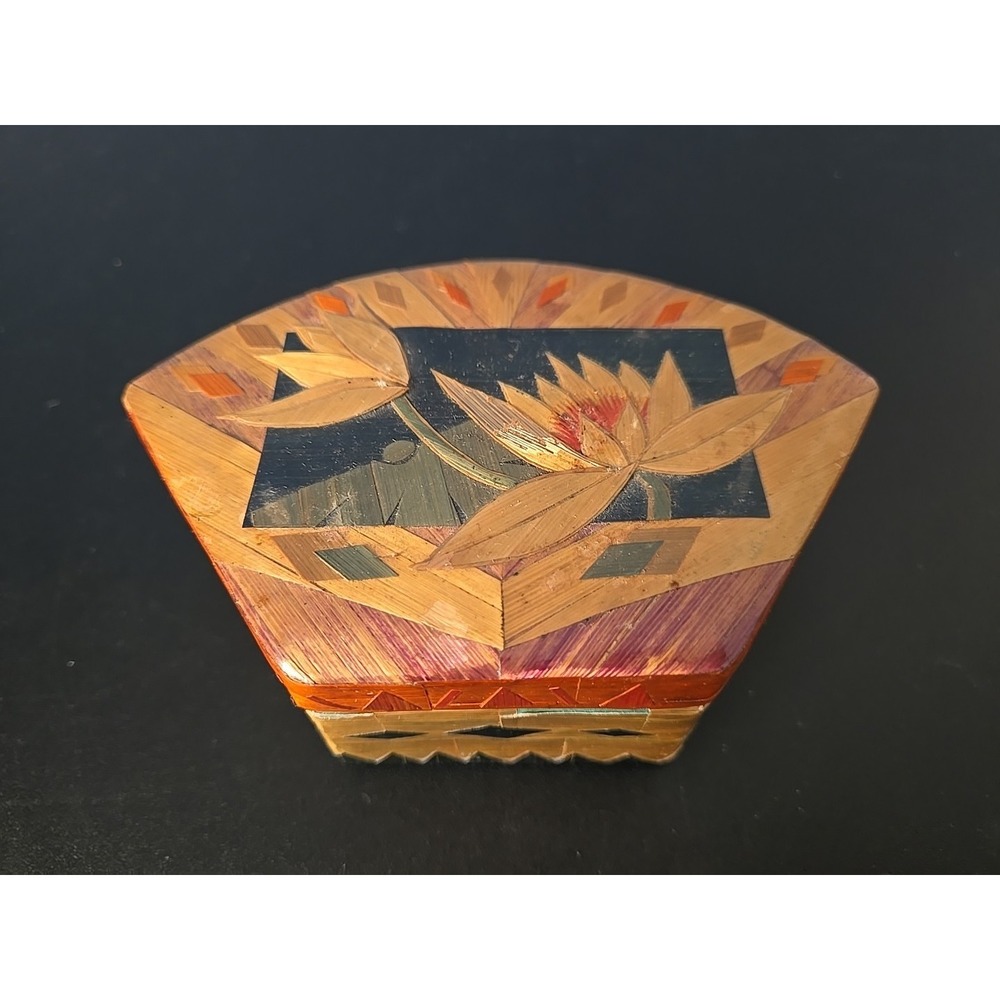 Vintage Handmade Bamboo Inlaid Design Wood Storage Trinket Chest Lined China Box